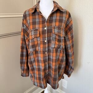 Entro Size S Flannel Snap-front Orange Brown Blue Plaid T21945 Studded Pockets